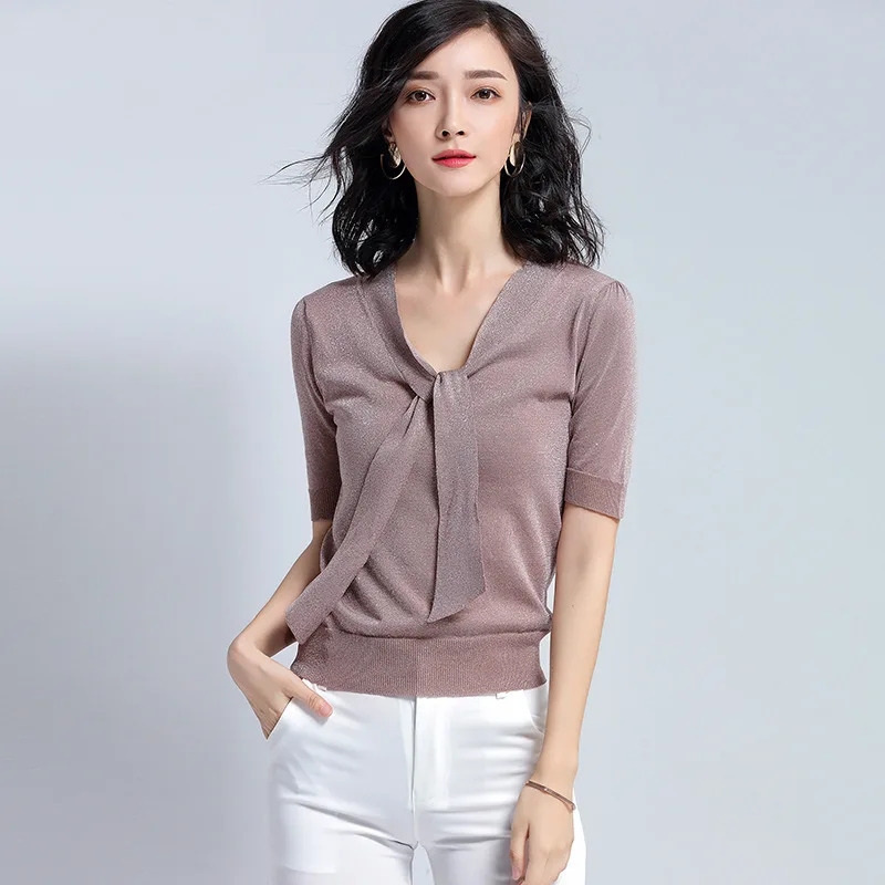 

Women Bright T Shirt Solid Color Short Sleeve V Neck with Bow Ribbon Knitted Tops Summer Thin Short Sleeve