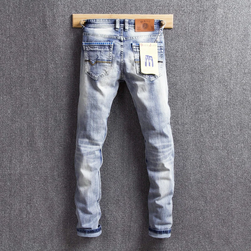 

Italian Vintage Fashion Men Jeans Retro Light Blue Elastic Cotton Slim Fit Ripped Jeans For Men Streetwear Designer Denim Pants
