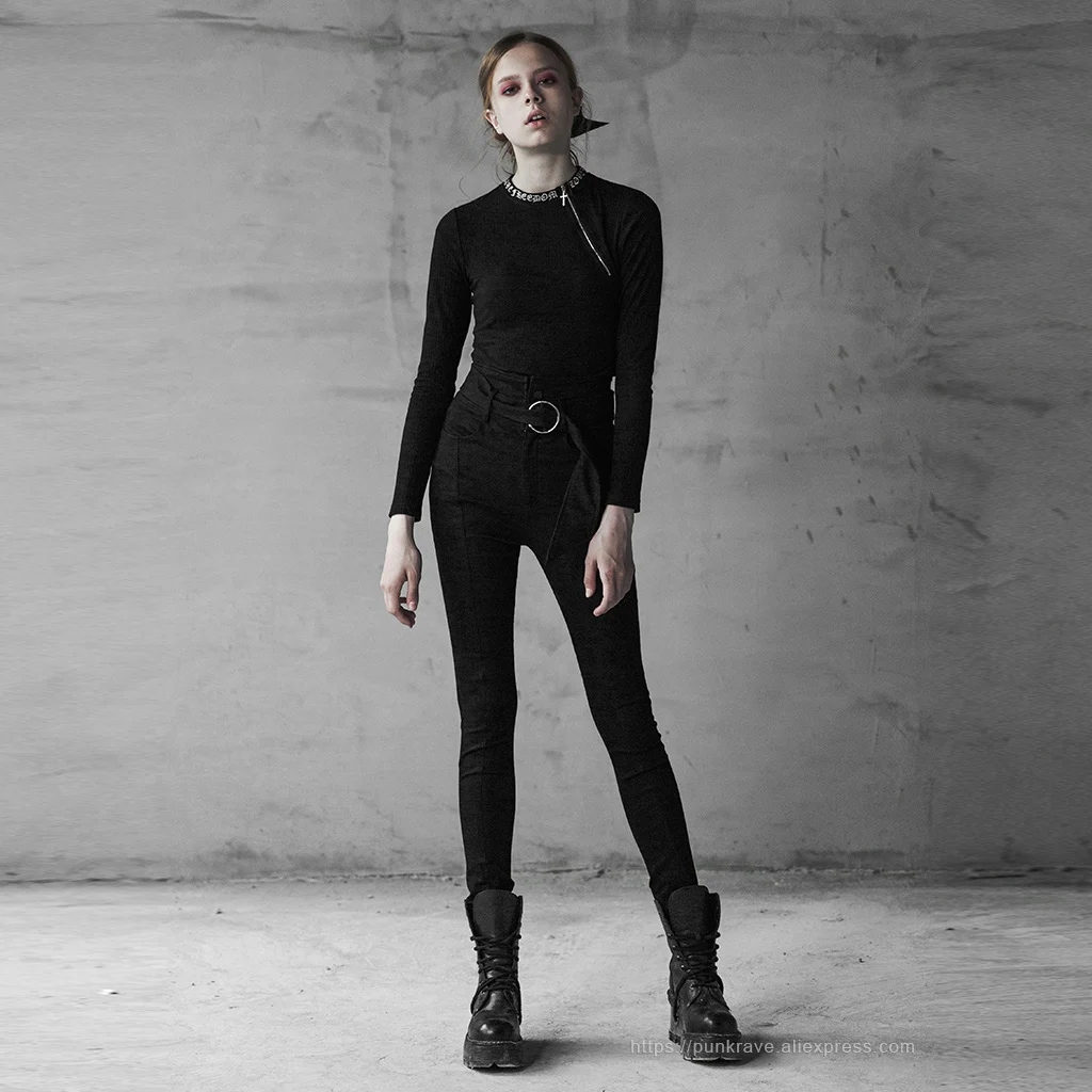 PUNK RAVE Women's Punk Contrast Color High Waist Strap Jeans Removable Shoulder Sling Casual Fashion Women Trousers