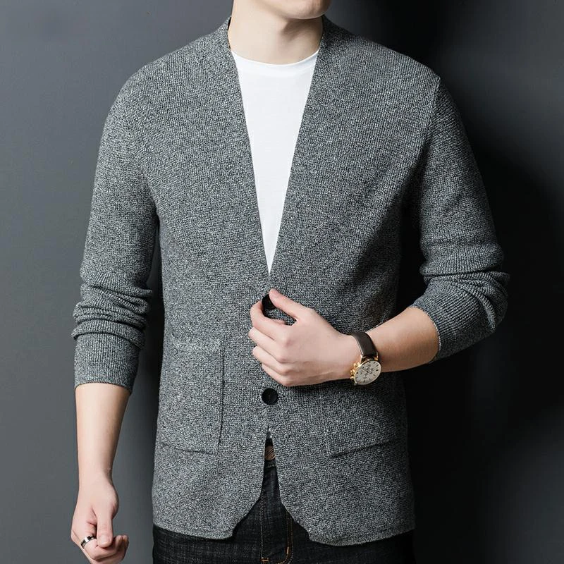 Мужской трикотажный кардиган на пуговицах повседневная однотонная куртка в
