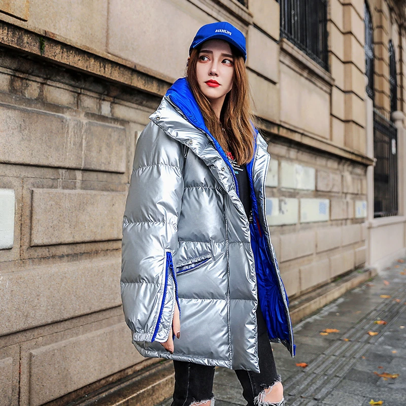 Женская куртка пуховик ZURICHOUSE блестящее серебряное пальто с высоким воротником