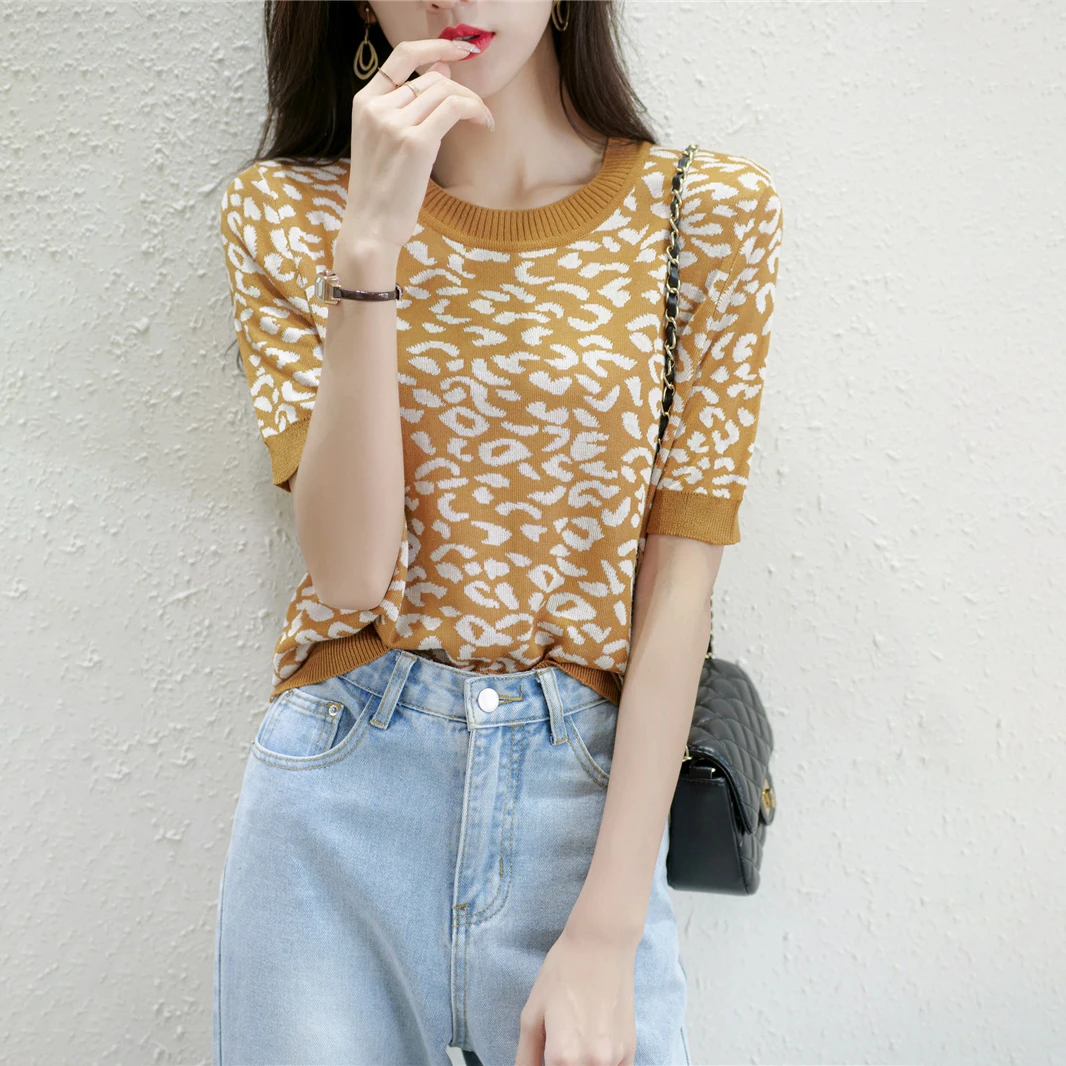 

2021 Time-limited 20670 (3 Rooms, 6 Rows, 2 Middle) Real Shot Round Neck Leopard Print Short Sleeve Knitted T-shirt 29