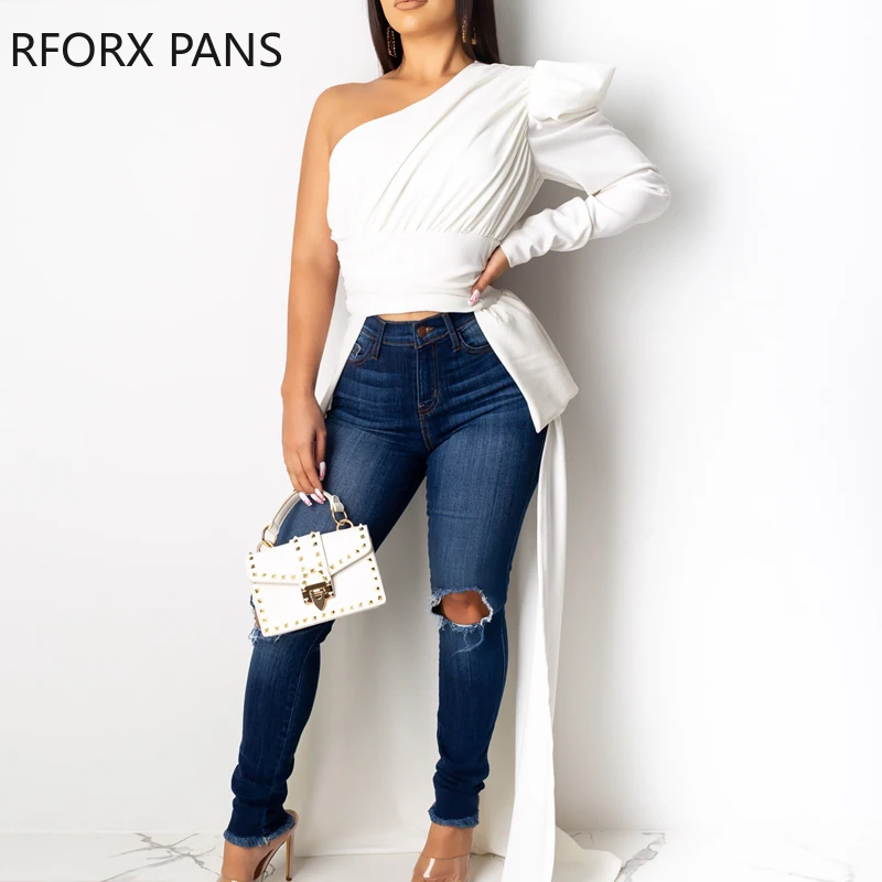 Однотонная женская блузка с одним плечом и глубоким декольте | Женская одежда