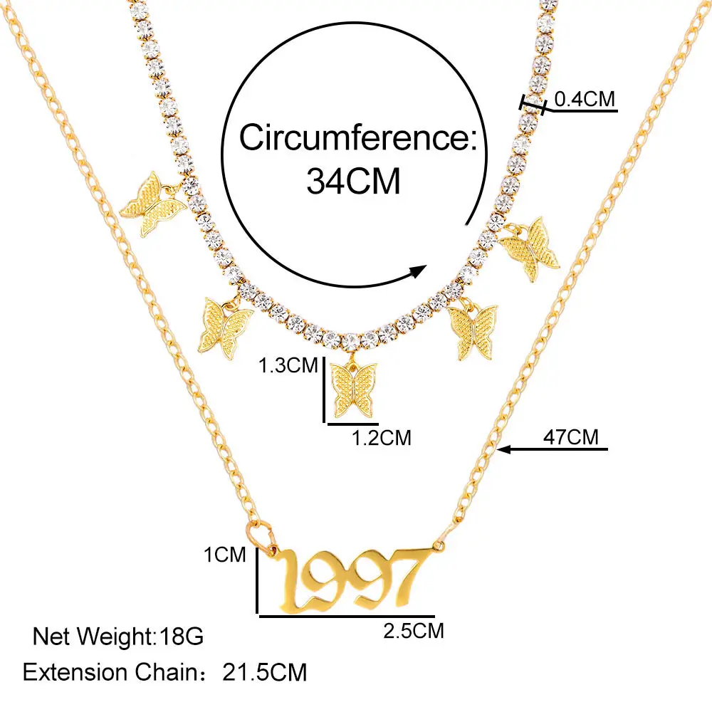

Retro Cute Butterfly 1997 Letter Pendant Tennis Chain Necklace Set for Women Multilayer Metal Choker Necklace 2021 New Jewelry