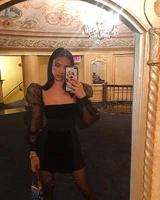 elegant high quality sexy women black square collar long sleeve bodycon mini bandage dress wholesale