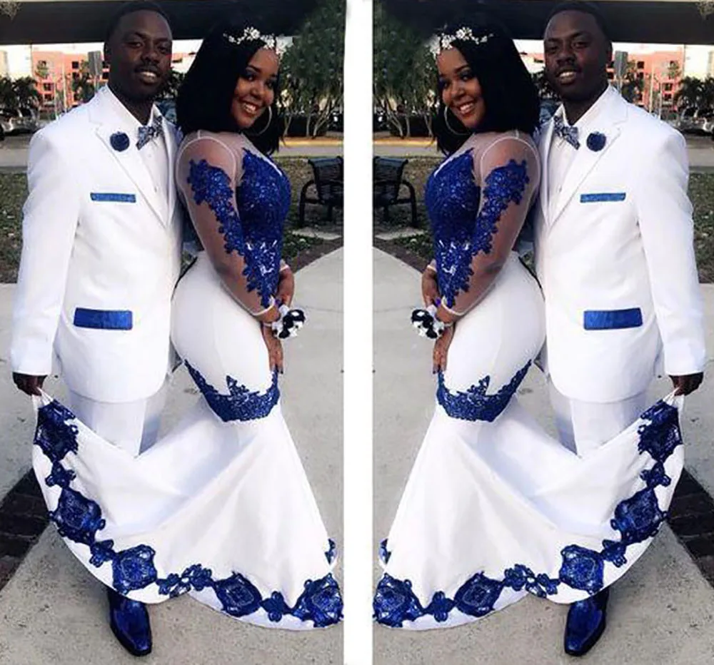 

White Satin Royal Blue Lace Aso Ebi African Prom Dresses Long Illusion Sleeves Appliqued Mermaid Evening Gowns New Customize