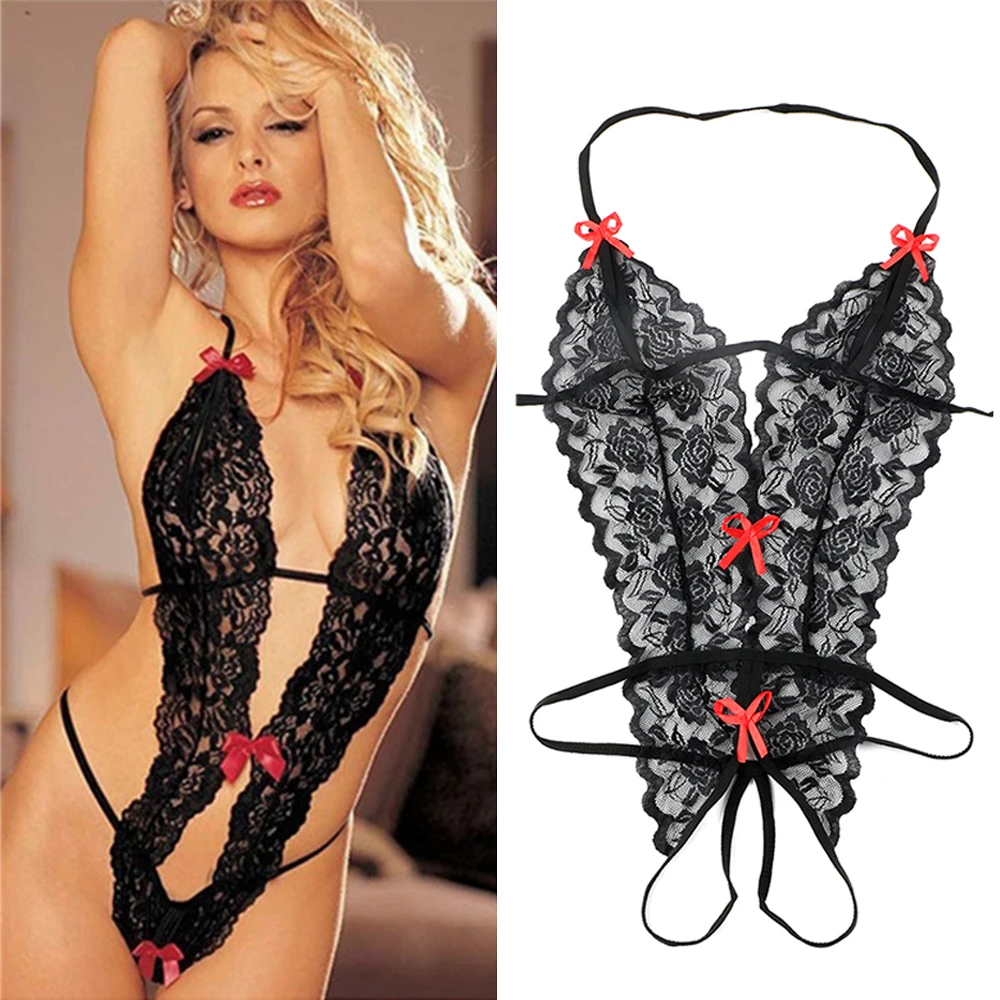 

Rose Red Black White Sexy Lace Lingerie bodysuit see through Three-Point erotic Underwear teddies Sleepwear Lingerie for women