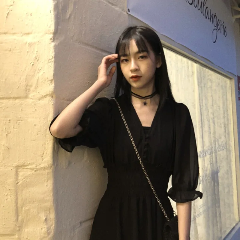 

V-neck Chiffon Dress Women's Waist-Tight Temperament Slimming French Joker Design Sense Niche Net Red Age-Reducing Long Dress