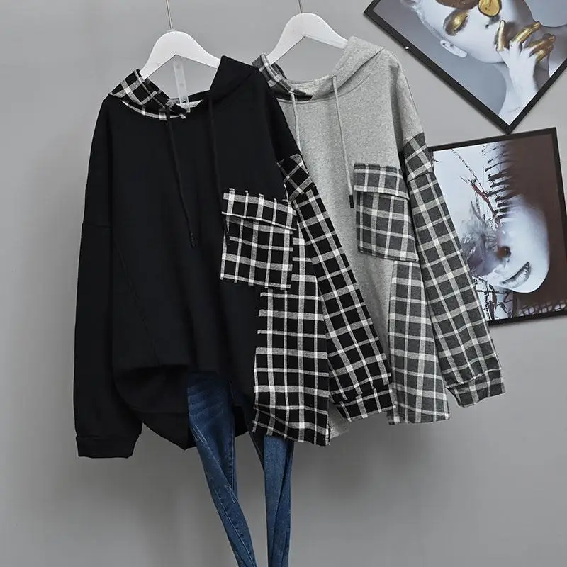 

Women Korean Fashion Harajuku Oversized Hoodies Women Streetwear Plaid Patchwork Hooded Sweatshirt Long Sleeve Tops Female 2021