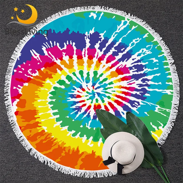 BlessLiving Rainbow Tie Dye Beach Towel for Adults Colorful Swirl Heart Shape Tye Dye Yoga Mat Round Beach Blanket with Tassels 1