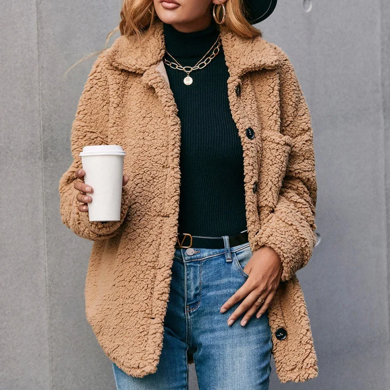 

Свободное повседневное двухстороннее плюшевое пальто с большими лацканами, женская зимняя куртка из овечьей шерсти