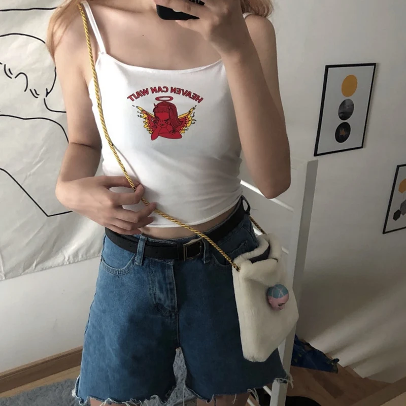 

Women White Cotton Cami Tops Summer Fashion Print Ruffles Basic Spaghetti Strap Crop Top Tees Ladies Casual Sleeveless Tank Tops
