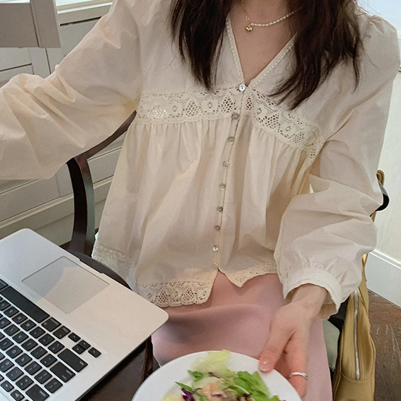 

Autumn French Chic V-neck Top Retro Best-selling Long Sleeve Short Shirt Women's Design High-end Shirt Kio