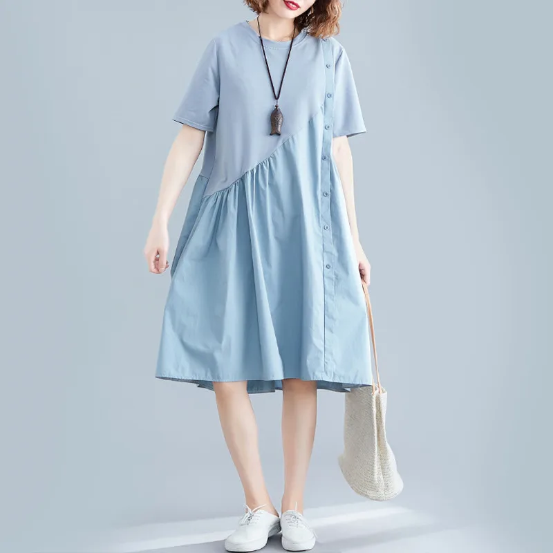 

Large size Women's Dresses New Fashion Stitching Summer Dress O collar Short Sleeve Loose Sundress Elegant Women Dress Vestidos