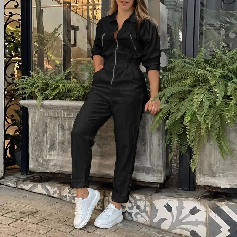 

Long Jumpsuits VONDA Women Denim Long Sleeve Solid OL Office Overalls Playsuits Femme Long Playsuits Oversize Pantalones