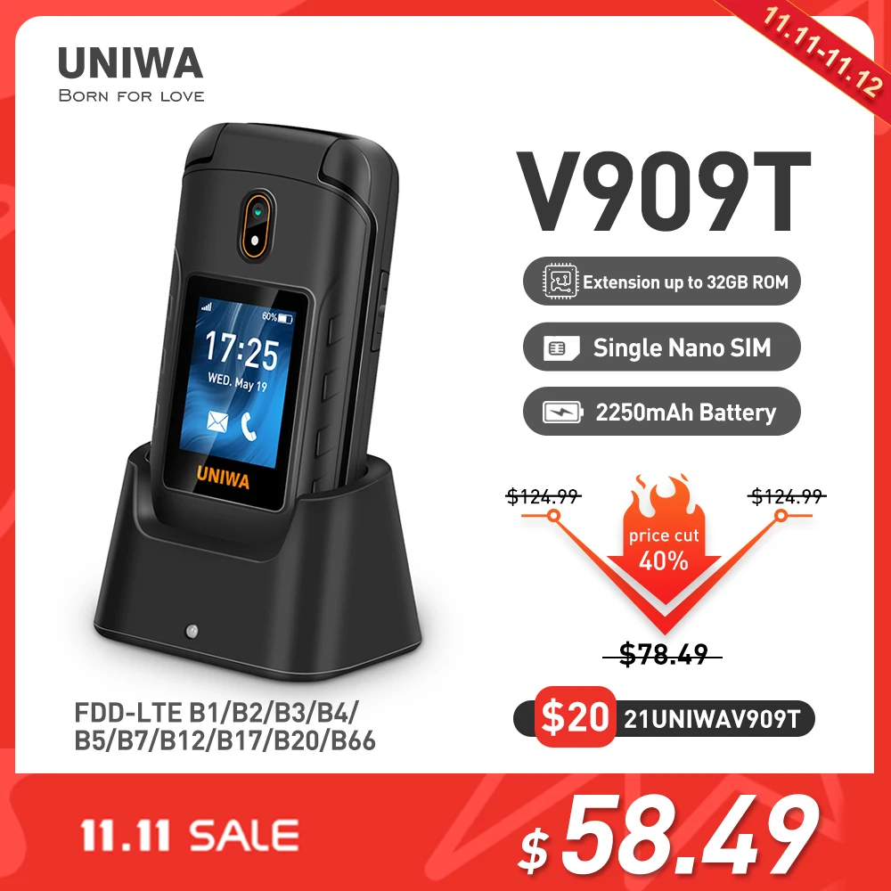 

Full 4G Band NIWA V909T Big Push-Button Flip Phone Dual Screen 0.3mp Camera FM Radio Hebrew Keyboard Clamshell Cellphone