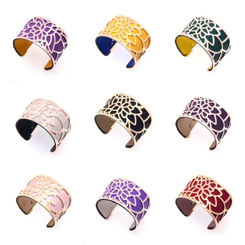 

40mm Silver Rose Gold Finish Reversible Leather Flower Bracelet Adjustable Opening Cuir Manchette Switch Colour Wirst For Female
