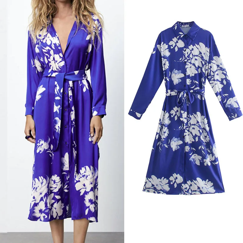 

KUMSVAG Women Summer Vintage Print Shirts Dress 2021 ZA Full Sleeve Turn-down Collar Sashes Female Elegant Loose Dresses Vestido