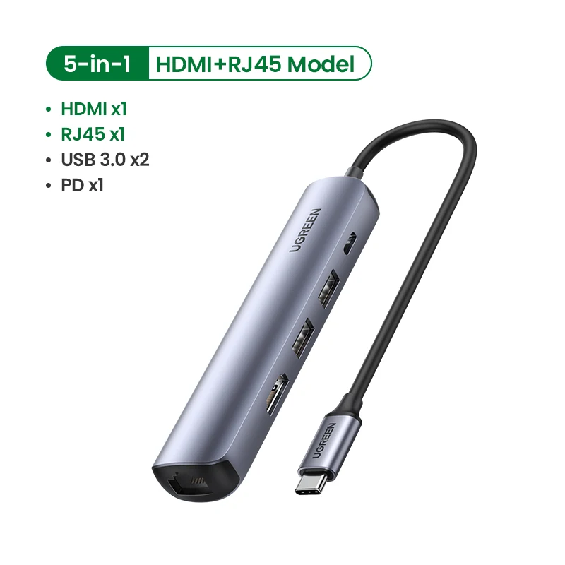 

USB-концентратор UGREEN, компактный мини-концентратор USB Type-C 3,1 на 4K HDMI RJ45 PD USB 3,0, адаптер USB C, док-станция для MacBook Air Pro 2020, USB-концентратор для ПК