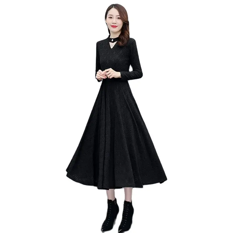 

Korean version of plus velvet solid color lace long-sleeved dress 2022 spring new style big swing to ankle super fairy