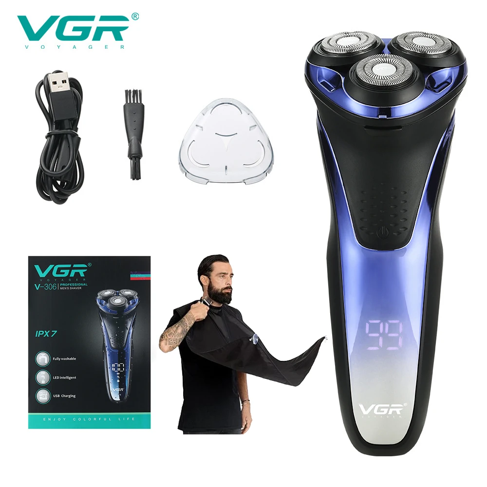 

VGR 3Cutter Heads Wet Dry Shaving Machine Rechargeable Electric Shaver Portable Electric Razor for Men Beard Washable USB Charge