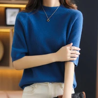 autumn winter half high collar cashmere half sleeved t shirt for women sweater solid vintage o neck cute sweater knitted