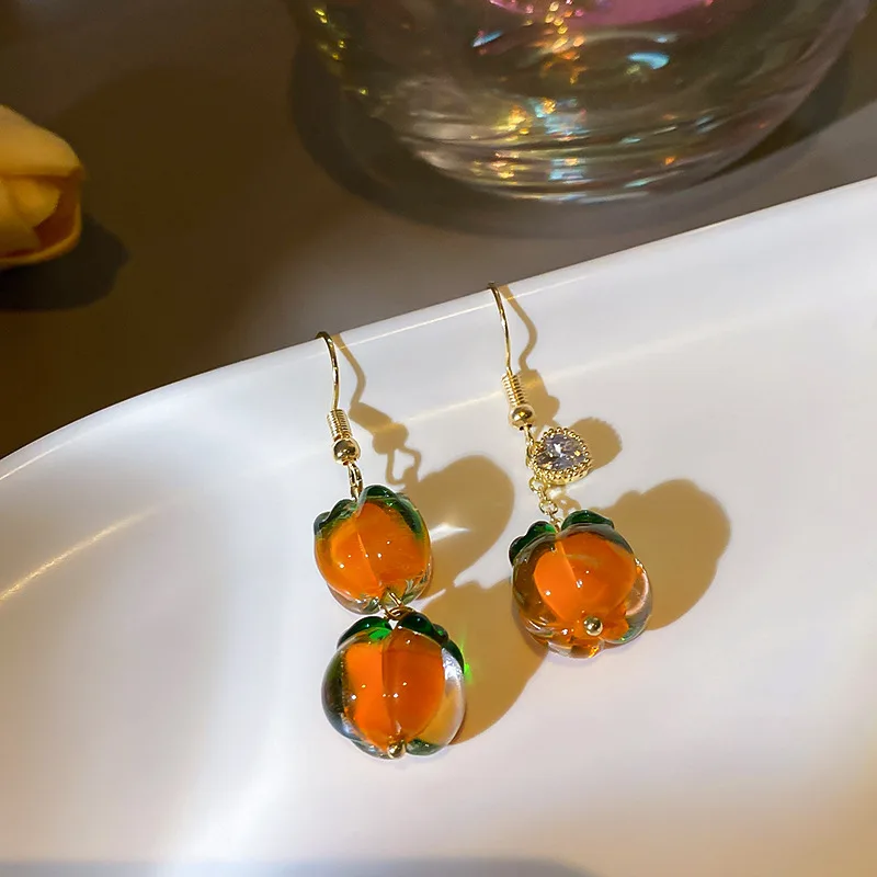 

New Cute Crystal Glass Persimmon Drop Earring For Woman Heart Zircon Earrings Set Bracelet Necklace Girl Female Fashion Jewelry