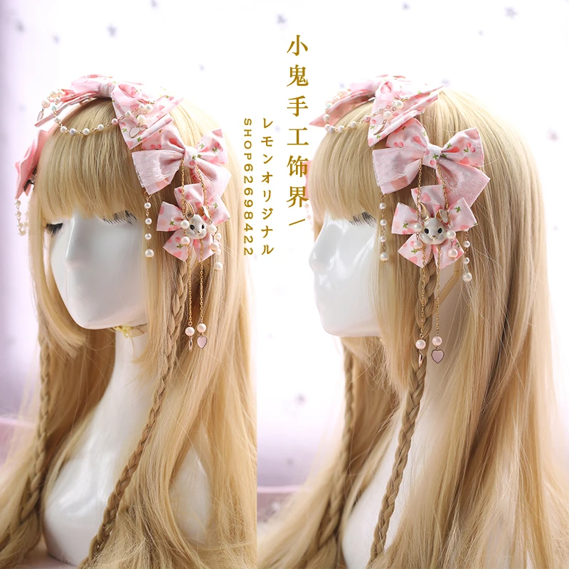 Japanese cherry bow lace KC headband tassel side clip rabbit beaded hair accessories head rope women | Тематическая одежда и