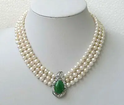 Genuine 3Rows 6-7mm White Pearl Emerald Green Jade Pendant Necklace 17“-19”