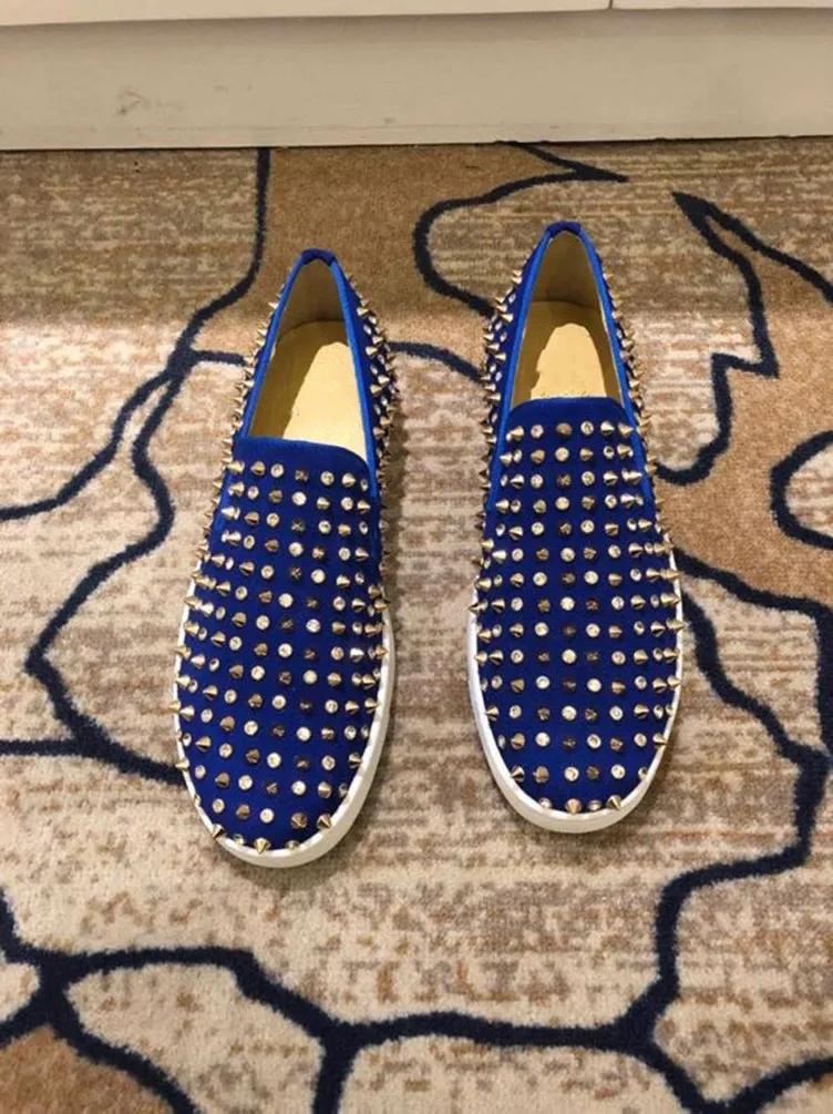Luxury designer shoes Rivets Red bottom shoes for men loafers Genuine leather Blue slip on Italian s