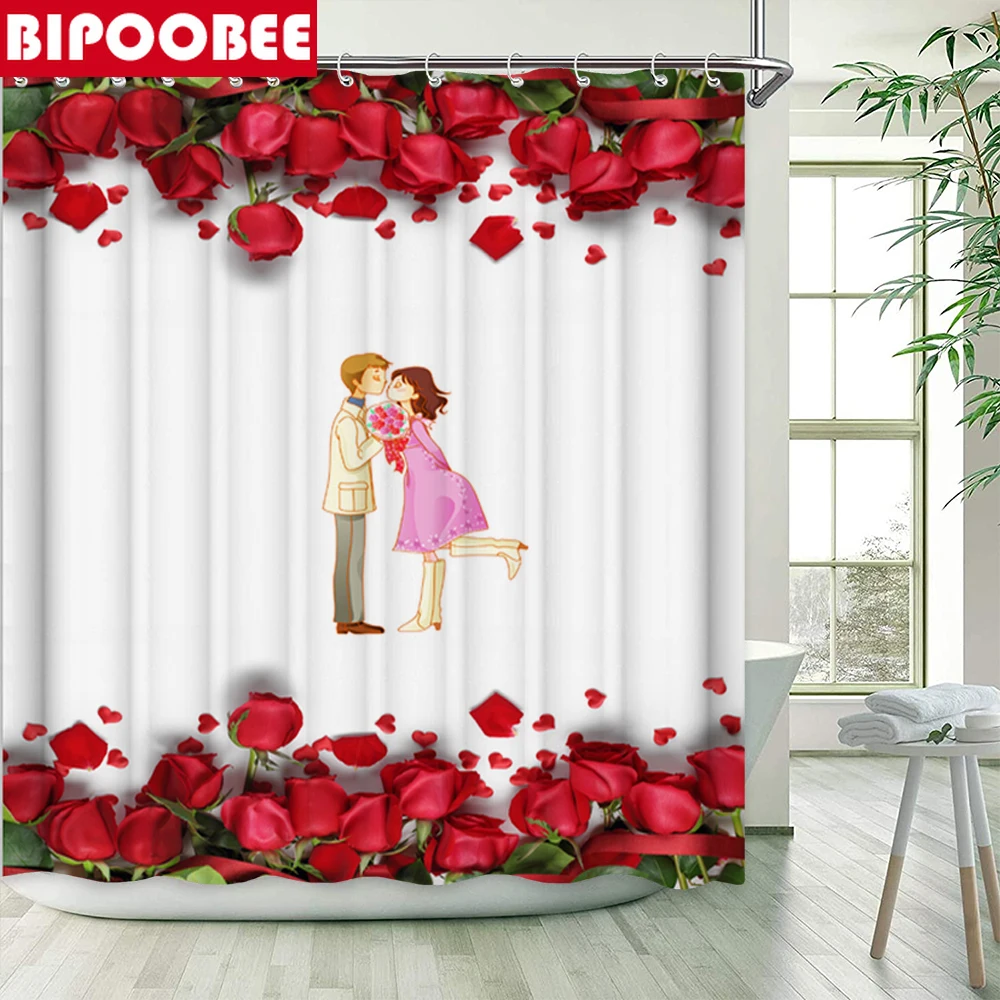 Занавеска для душа с 3D рисунком красной розы влюбленных Противоскользящий