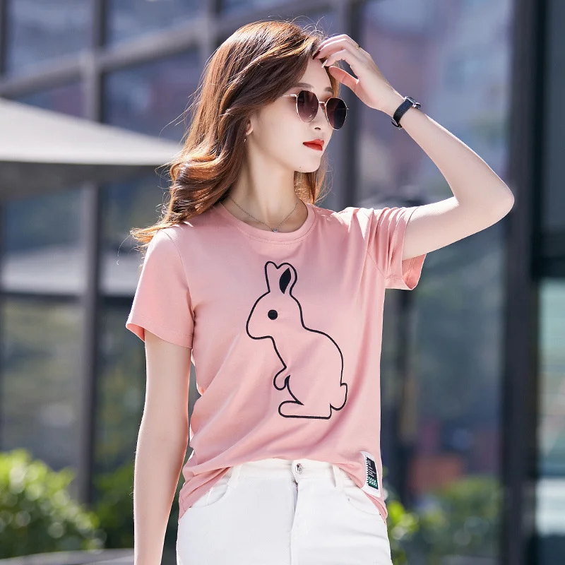 

2021 summer new short sleeve t-shirt female modal comfortable embroidered rabbit ins super fire loose version 6939