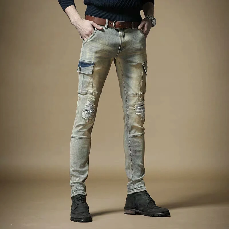 Джинсы мужские Стрейчевые в стиле ретро модные повседневные облегающие брюки с