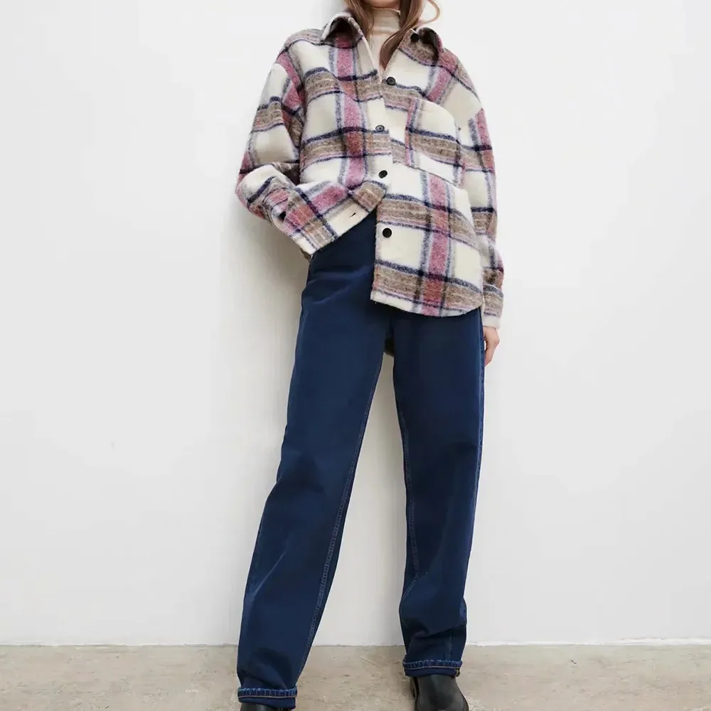 

2021 Spring Single Breasted Plaid Loose Shirt Jacket Red Retro Casual Mid-length Shacket Women Oversized Korean Coats Women