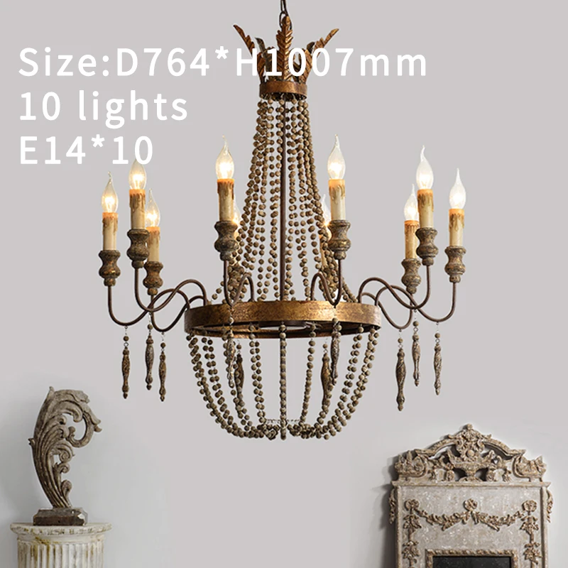 

Wooden Beads Chandelier Lustre Antique Loft Suspension Bedroom Light Living Room Chandelier Vintage Foyer Lamp Grey Golden Retro