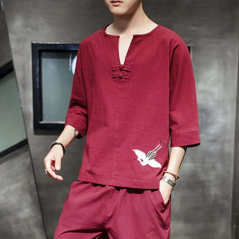 Мужские топы с вышивкой чонсам яркая китайская футболка для мужчин Женская