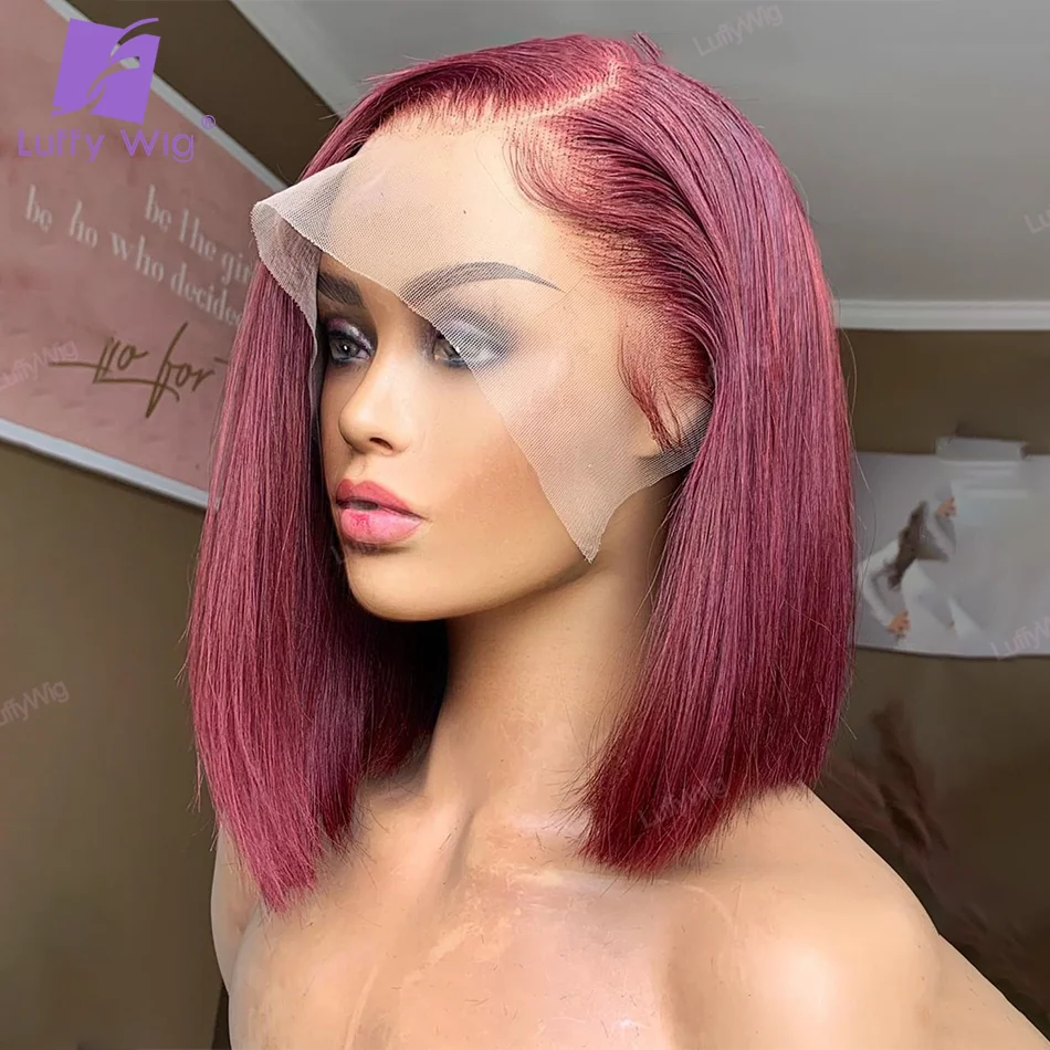 

Ombre Colored 13X6 Lace Front Human Hair Wigs For Woman Burgundy #99J Short Straight Bob Pre-Plucked Natural Hairline LuffyLUFFY