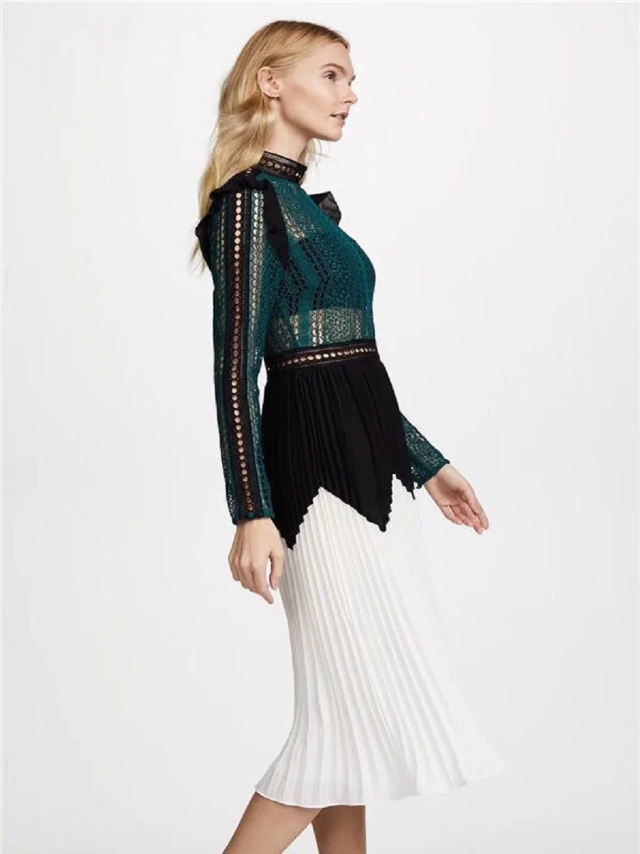 

First song Women's Lace Hollow Pleated Stitching Sexy Dress 2020New Summer Long Sleeve Black Round-Neck Irregular Women's Dress