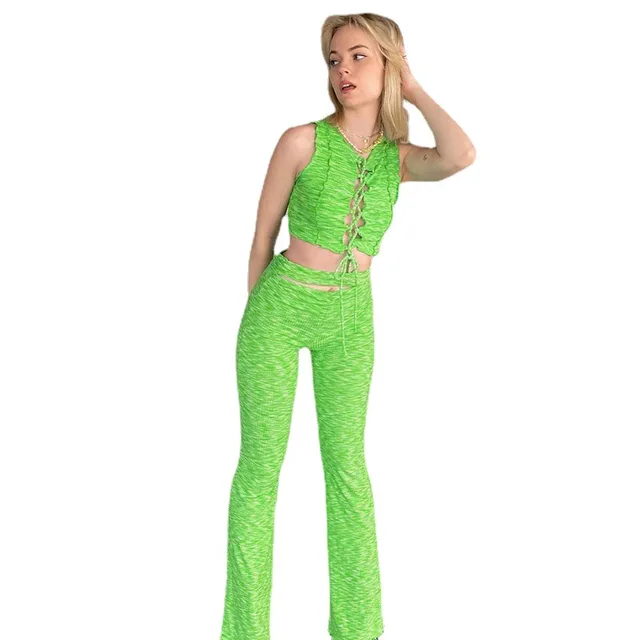 Green sleeveless waistcoat for women 2021 Summer new pit print hollow body dress set for women crop top  y2k tops 8