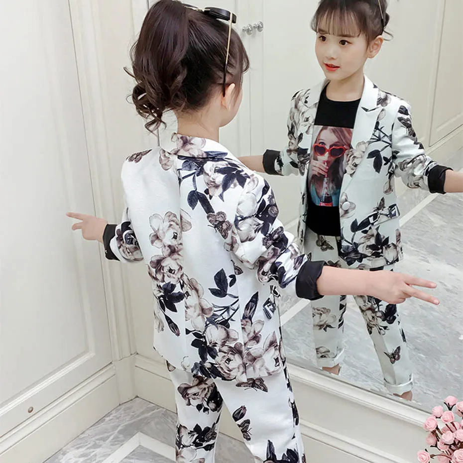 Детская одежда блейзеры и брюки с цветочным принтом Одежда для девочек на одной