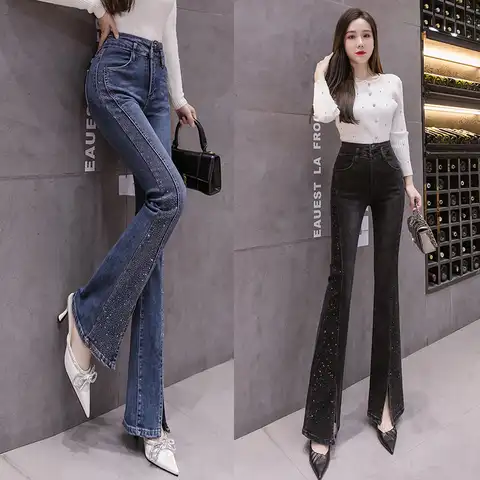 Hot Drilling Flare Jeans Ladies Skinny Split Patchwork Boot-Cut Denim Trousers Mujer Fashion Stretch Pants For Women 2021 Black