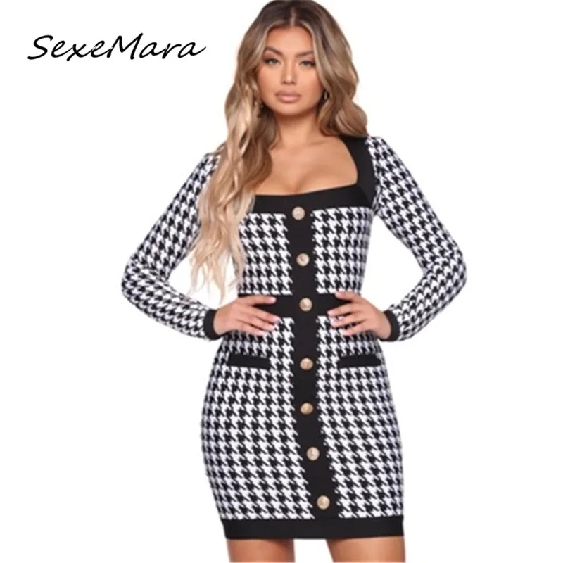 Осень 2019 модное однобортное клетчатое платье с квадратным воротником