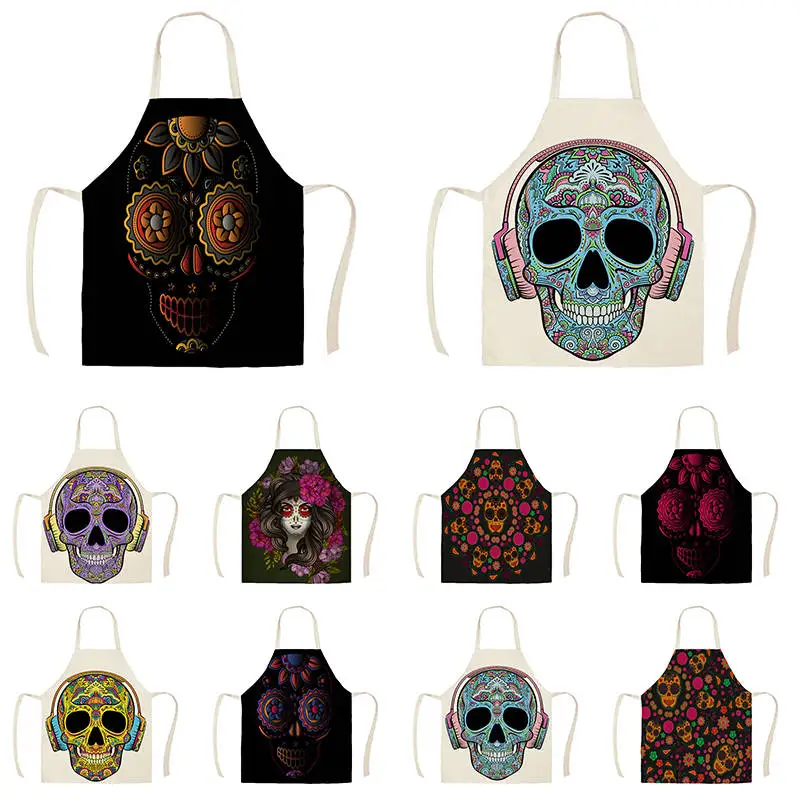 

Украшение в виде черепа для приготовления пищи, хлопковые льняные фартуки без рукавов, нагрудники для взрослых, аксессуары для уборки дома ...