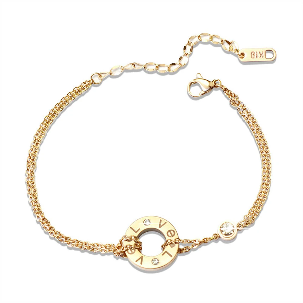

Fashion Double Chain With Crystal Bracelet Love Letter Women Bracelet For Love Couple Stainless Steel Jewelry