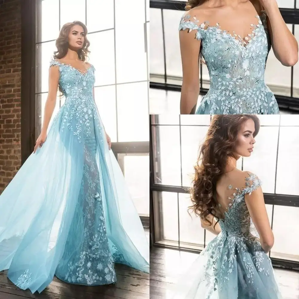 

2023 Light Blue Prom Dresses Arabic Sheer Jewel Lace Applique Beads Tulle Formal Evening Party Gowns