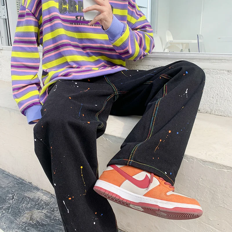 Брюки мужские в стиле хип-хоп свободные прямые широкие весна-осень джинсы с