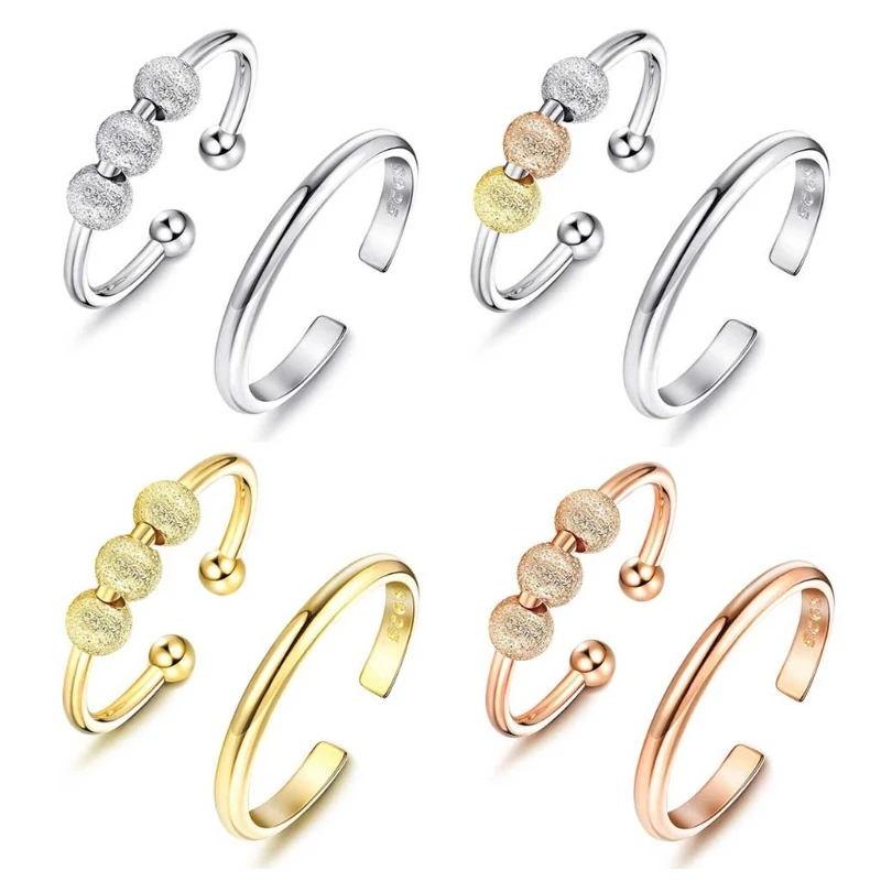 

2 Pcs Women Spinner Fidget Bead Rings for Anxiety Worry Adjustable Open Peace Rings Relieving Stress Valentine's Day Gifts