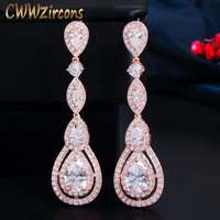 cwwzircons rose gold color luxury long dangle round water drop elegant cz earrings for women bridal wedding jewelry dress cz766