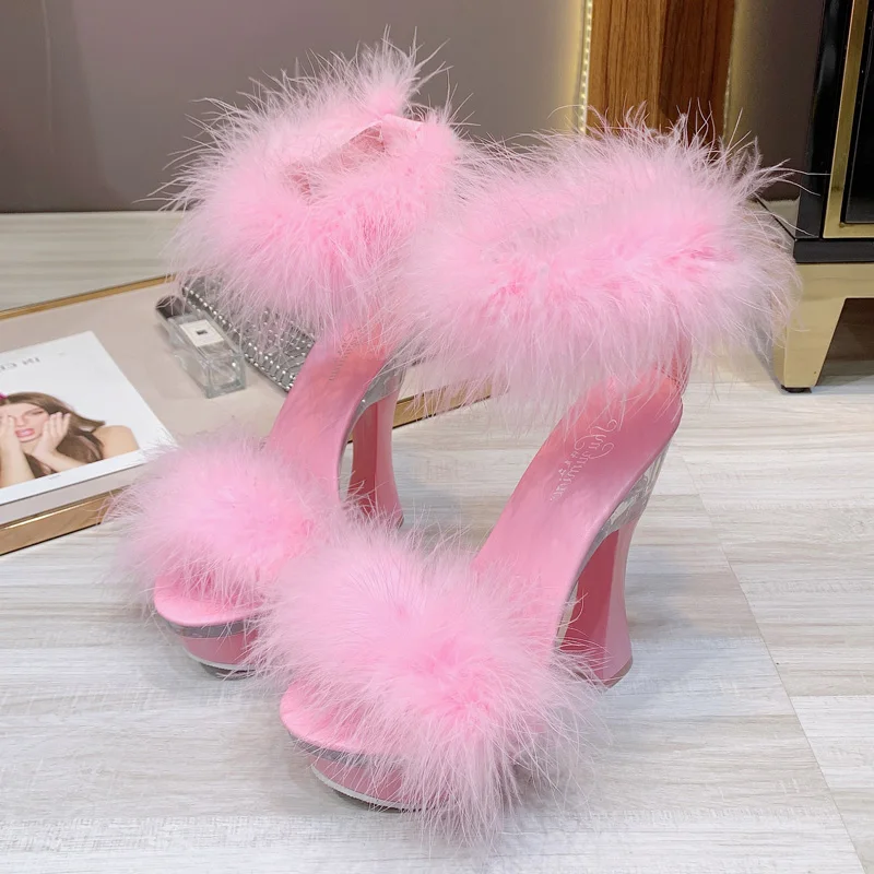 

2020 New 4 Color Feather Thick High Heels Platform Sandals Women 14cm 17cm Heels Shoes Female Summer Hair Wedding Pumps WS311