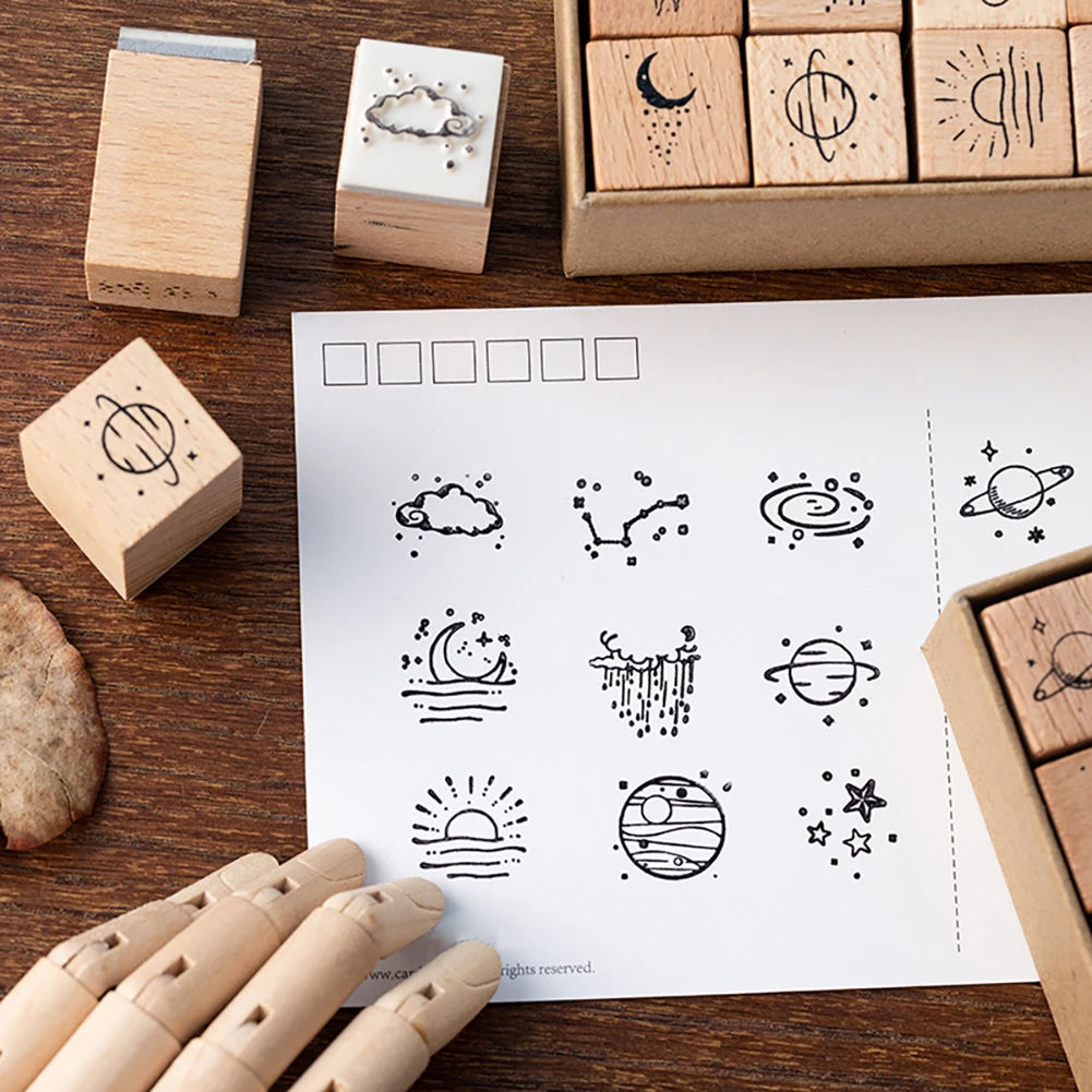 

16pcs/Vintage Planet Moon Cloud Decoration Wooden Rubber Stamps Scrapbooking Stationery DIY Craft Cards Books Diaries Stamp